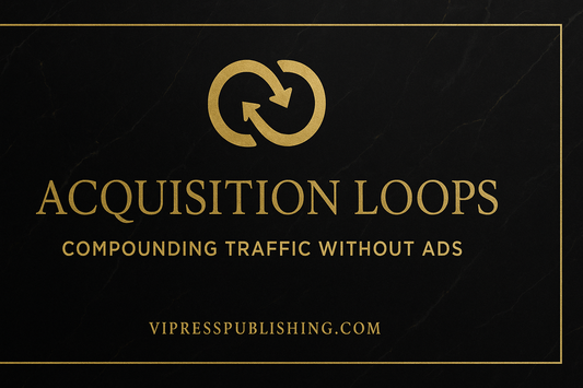 Elegant black-and-gold design with two interlocking arrows forming a loop, featuring the title βAcquisition Loops β Compounding Traffic Without Adsβ and the vipresspublishing.com link.