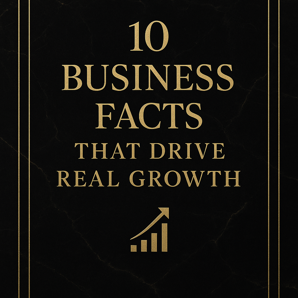 uxurious black-and-gold cover design with the title “10 Business Facts That Drive Real Growth” and a gold upward arrow symbolizing progress