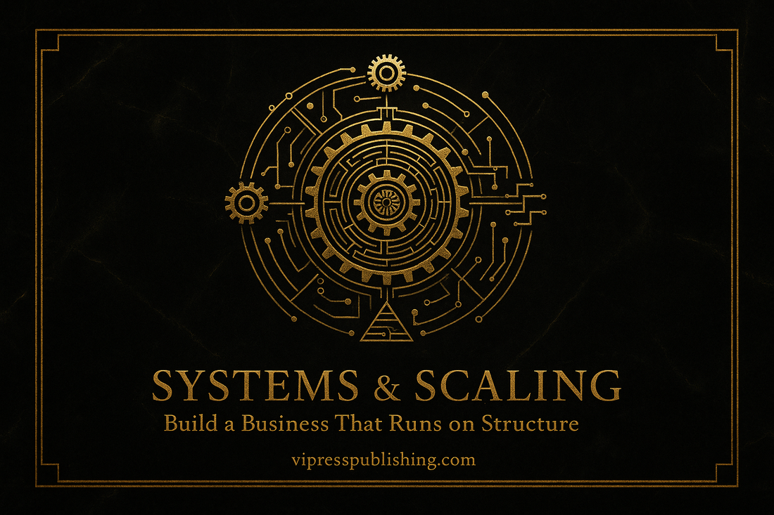 Black-and-gold design with a detailed gear emblem and the title “Systems & Scaling – Build a Business That Runs on Structure.”