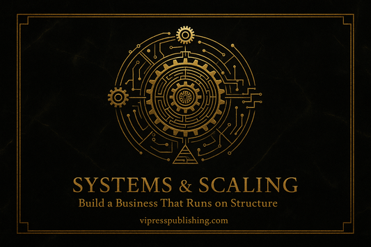 Black-and-gold design with a detailed gear emblem and the title “Systems & Scaling – Build a Business That Runs on Structure.”