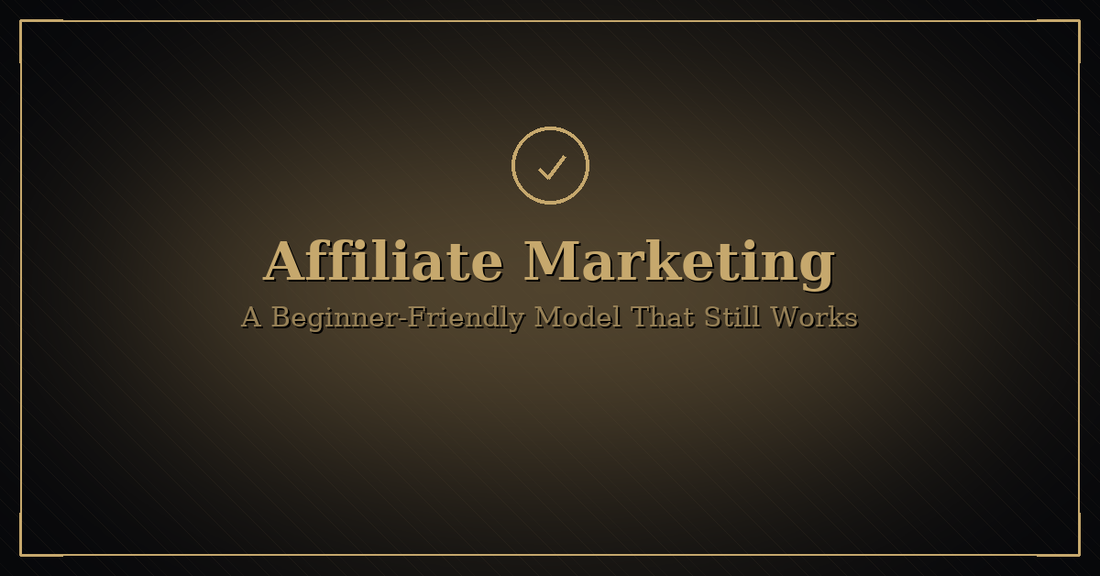 Black-and-gold hero image with a gold checkmark icon; title “Affiliate Marketing” and subtitle “A Beginner-Friendly Model That Still Works.