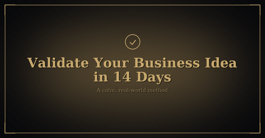 Luxurious black-and-gold hero image with title “Validate Your Business Idea in 14 Days” and a small gold checkmark icon.